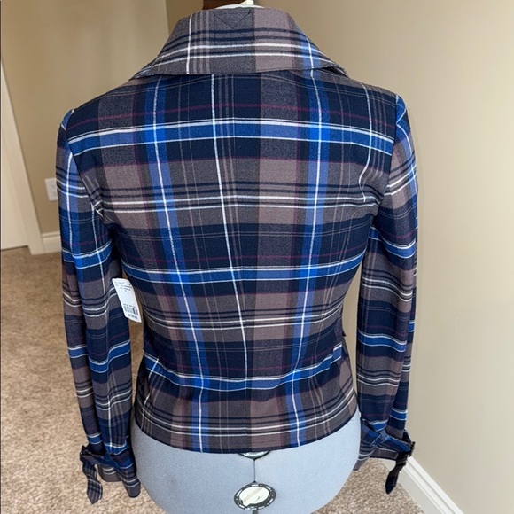 Le Chateau Blue and Brown Blazer with Plaid Pattern Tartan Biker Rocker - Picture 4 of 16